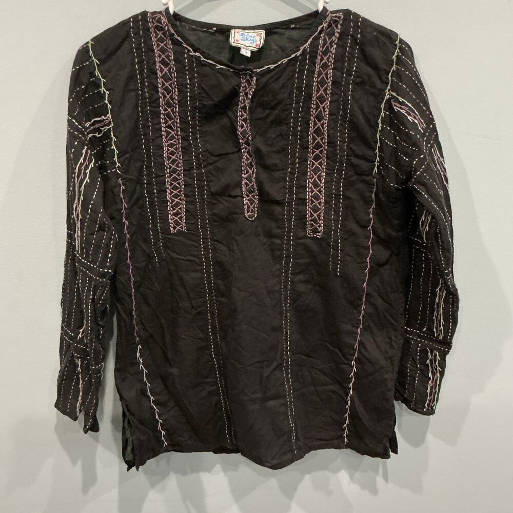 Vintage Blue Sky Womens Y2K Fairy Top Size Small Black Purple Embroidered Hippie